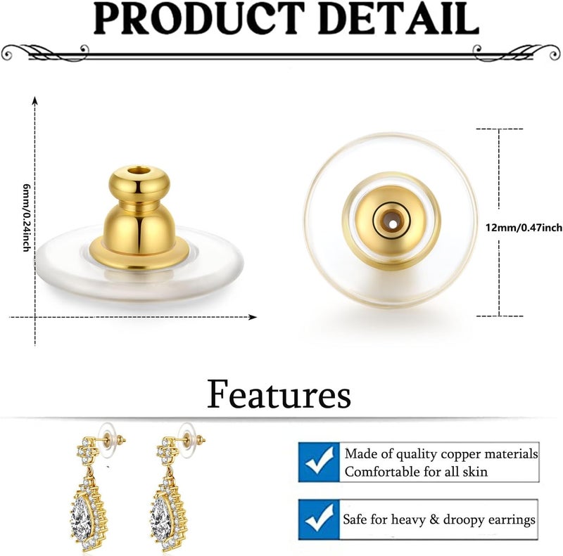 Moconar 12mm Earring Backs Replacement, Transparency Bullet Shape Locking Earring Backs for Heavy/Droopy Ears, Earrings Lifters Backers for Studs, Gold Color - Image 3